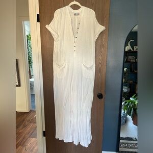 Free People White Button-Front Textured Jumpsuit